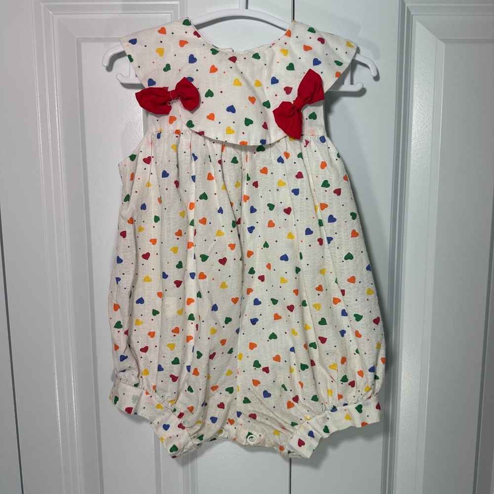 All Mine Bubble Romper 6/9 Months White Rainbow Heart Print Red Bows Vintage